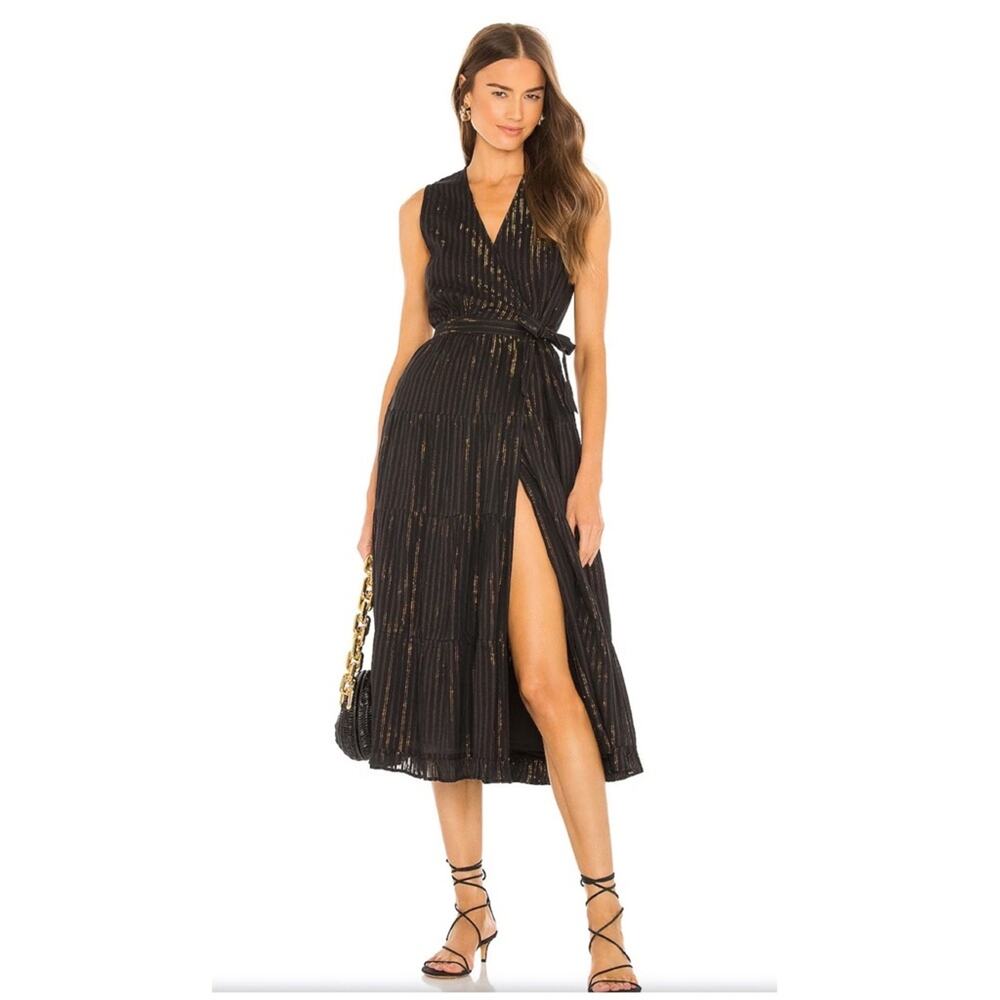 Karina Grimaldi Fannie black gold striped sleeveless wrap midi dress Small